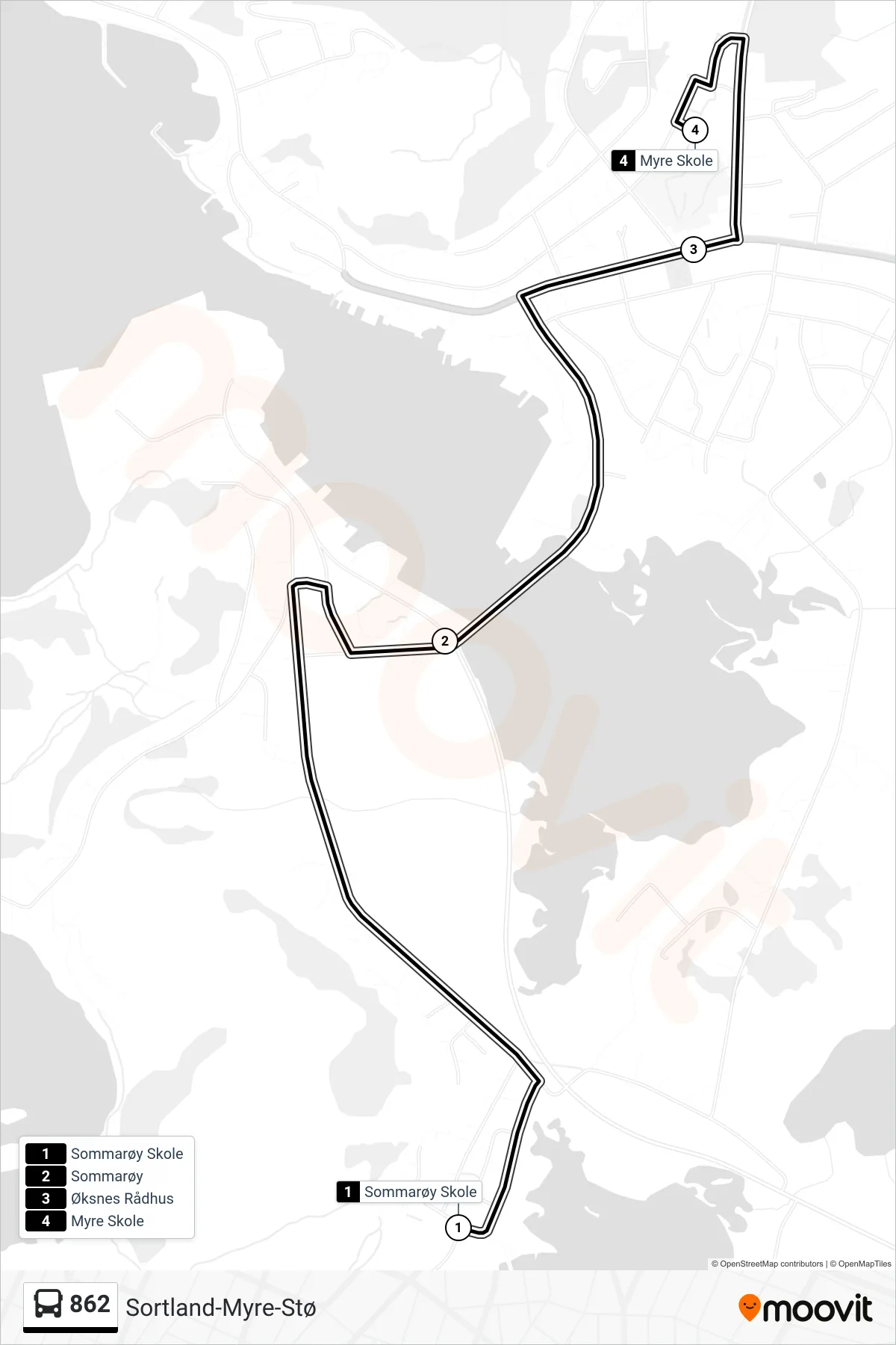 862 bus Line (Lifjord Kryss Via Myre Skole) route and stops on a map