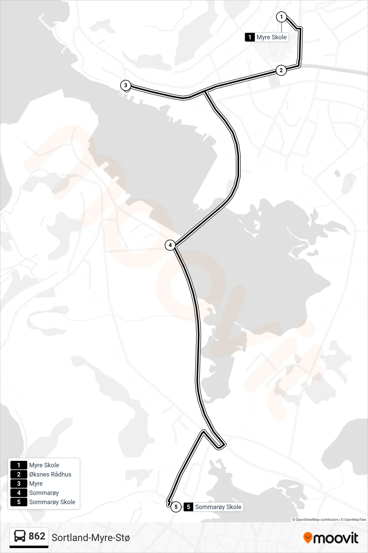 862 bus Line (Sommarøy Skole Via Myre) route and stops on a map