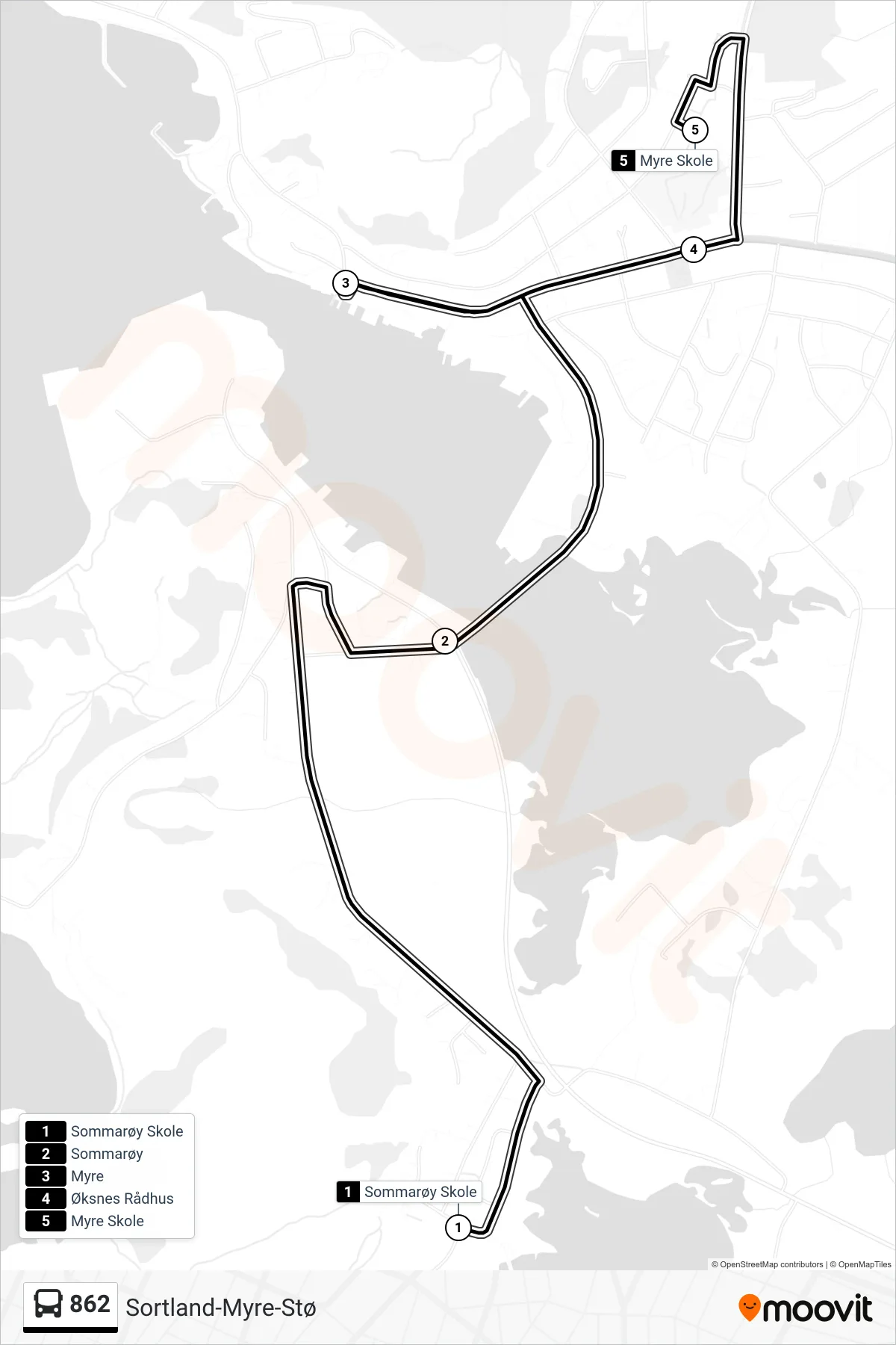 862 bus Line (Stø Via Myre Og Myre Skole) route and stops on a map