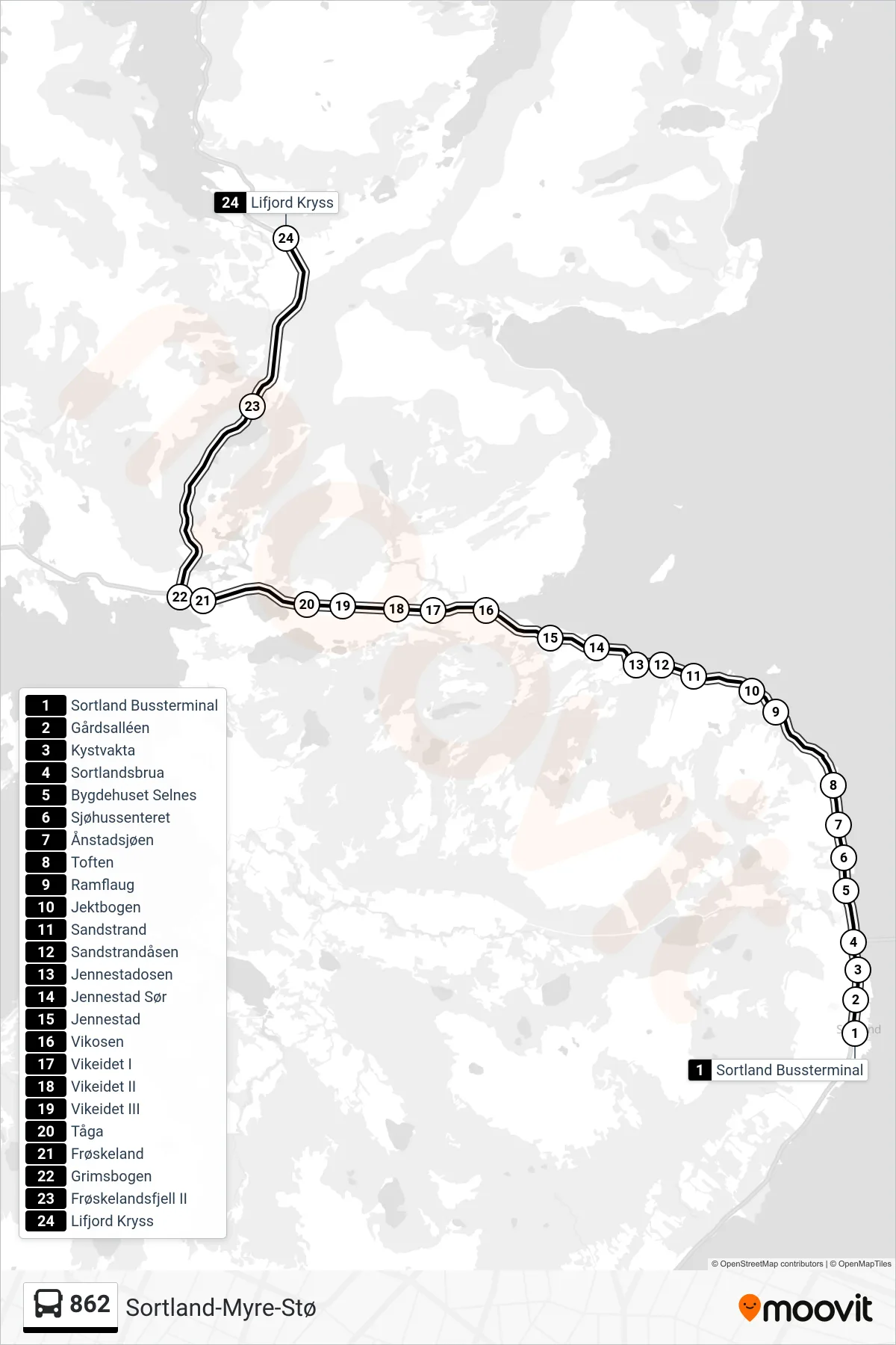 862 bus Line (Lifjord Kryss) route and stops on a map