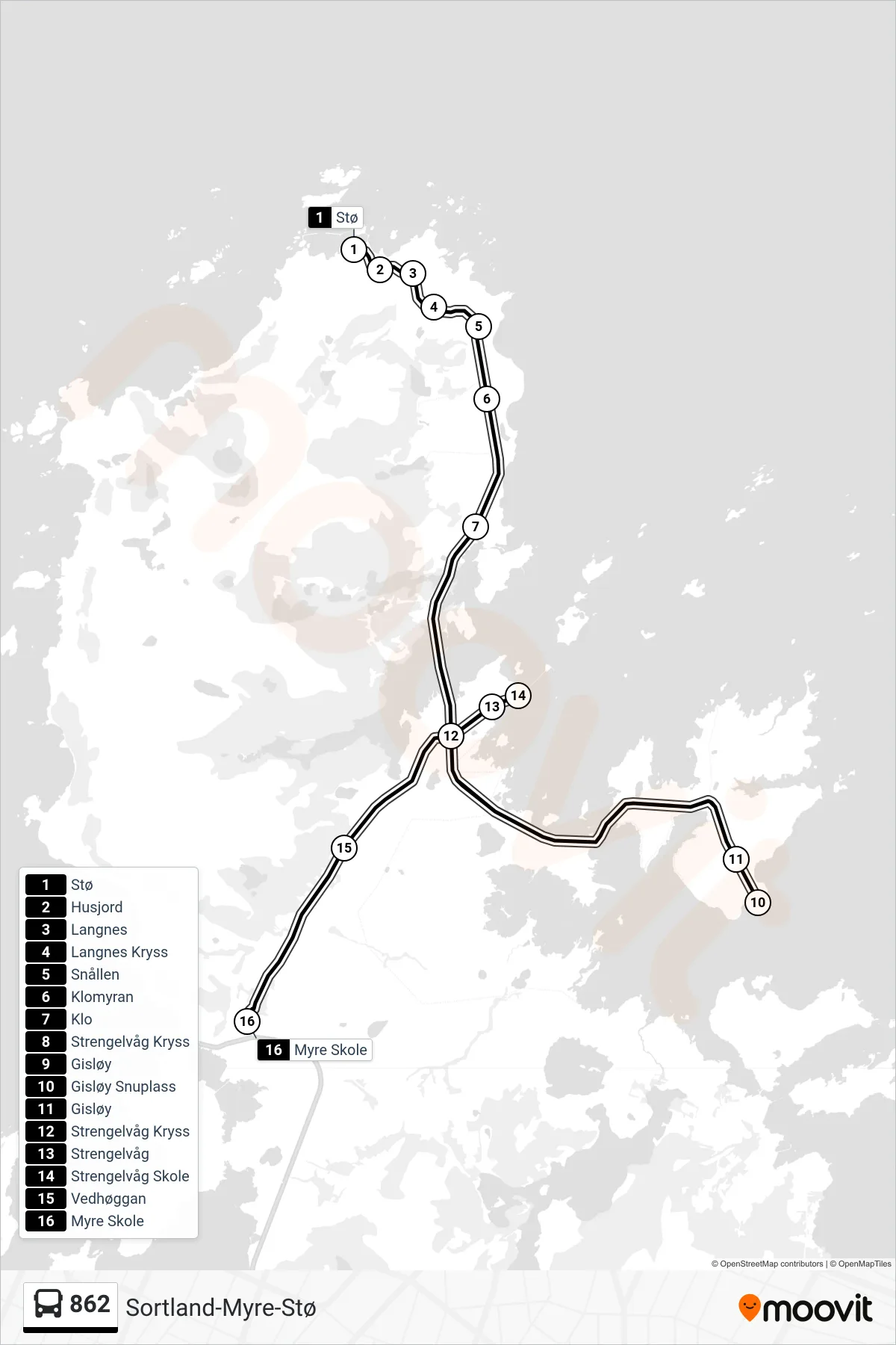 862 bus Line (Myre Skole) route and stops on a map