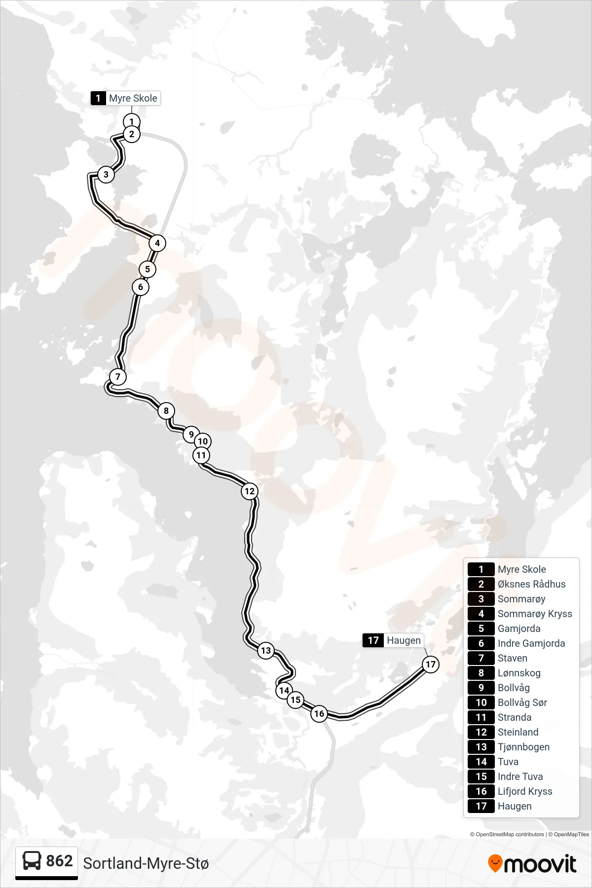Rute og stopp på kart for linje 862 buss, Lifjord Kryss)