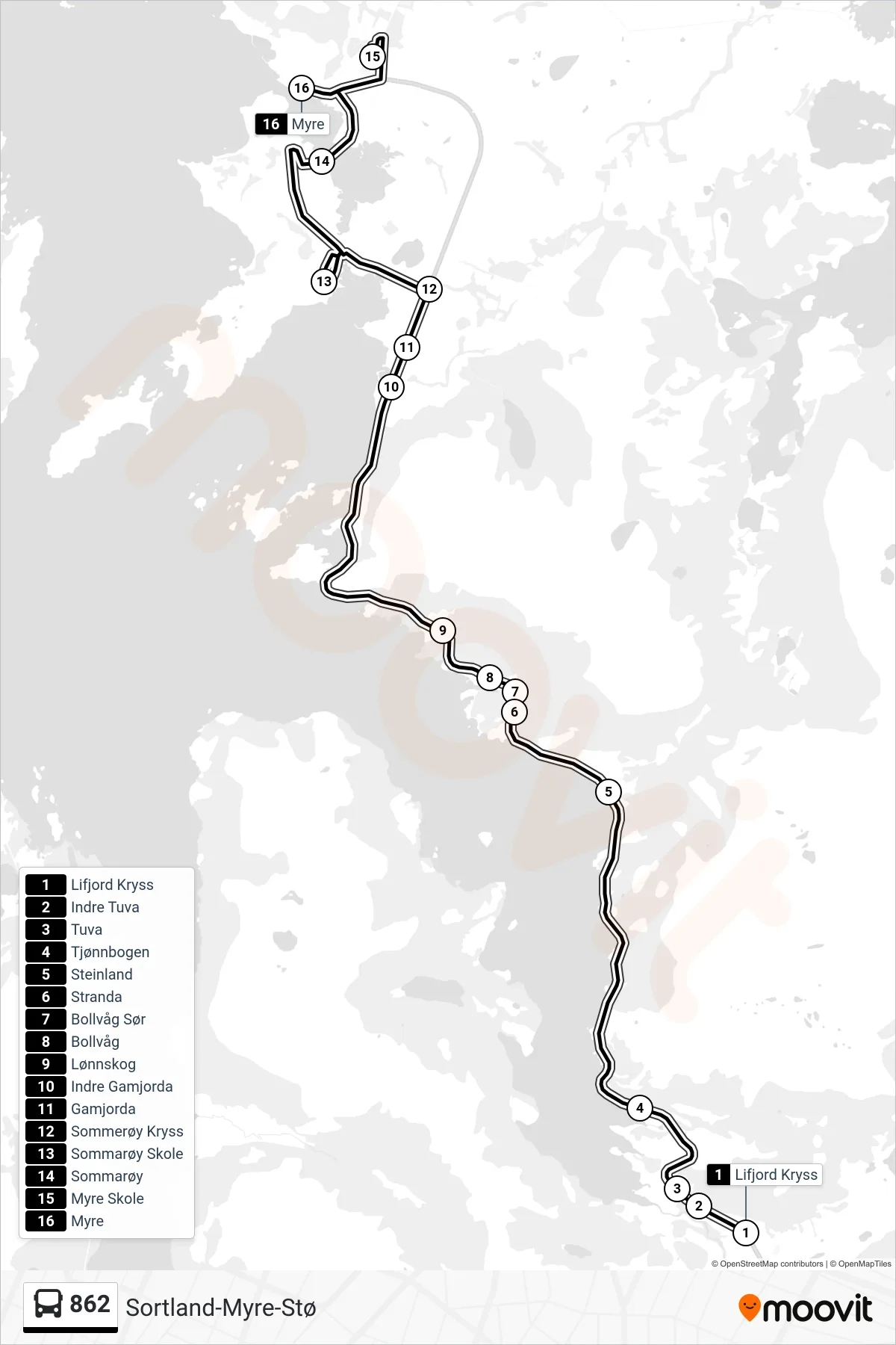 862 bus Line (Myre Skole) route and stops on a map