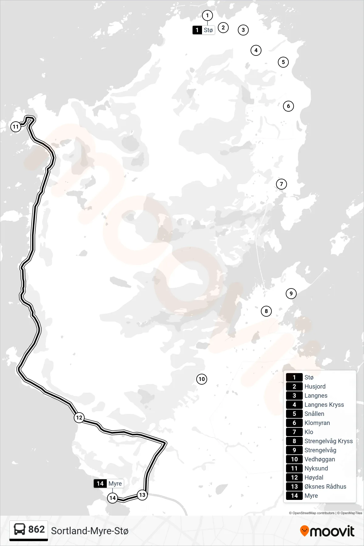 862 bus Line (Myre Via Alsvåg) route and stops on a map