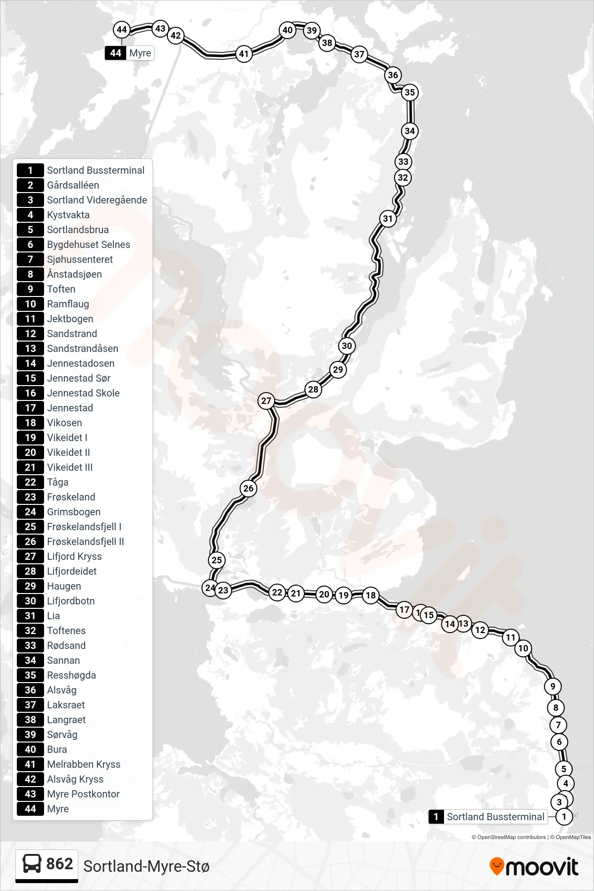 862 bus Line (Myre Via Alsvåg) route and stops on a map