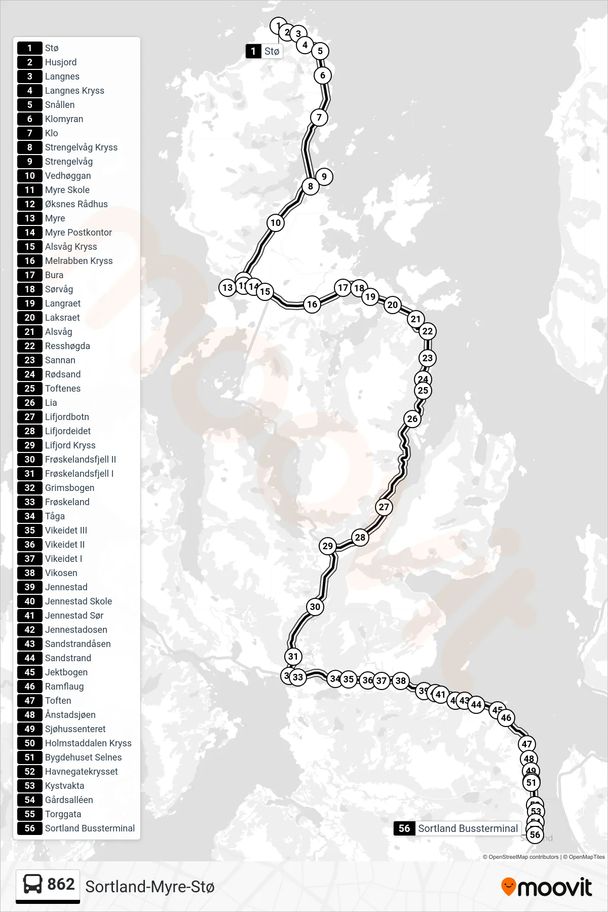 862 bus Line (Sortland Via Alsvåg) route and stops on a map