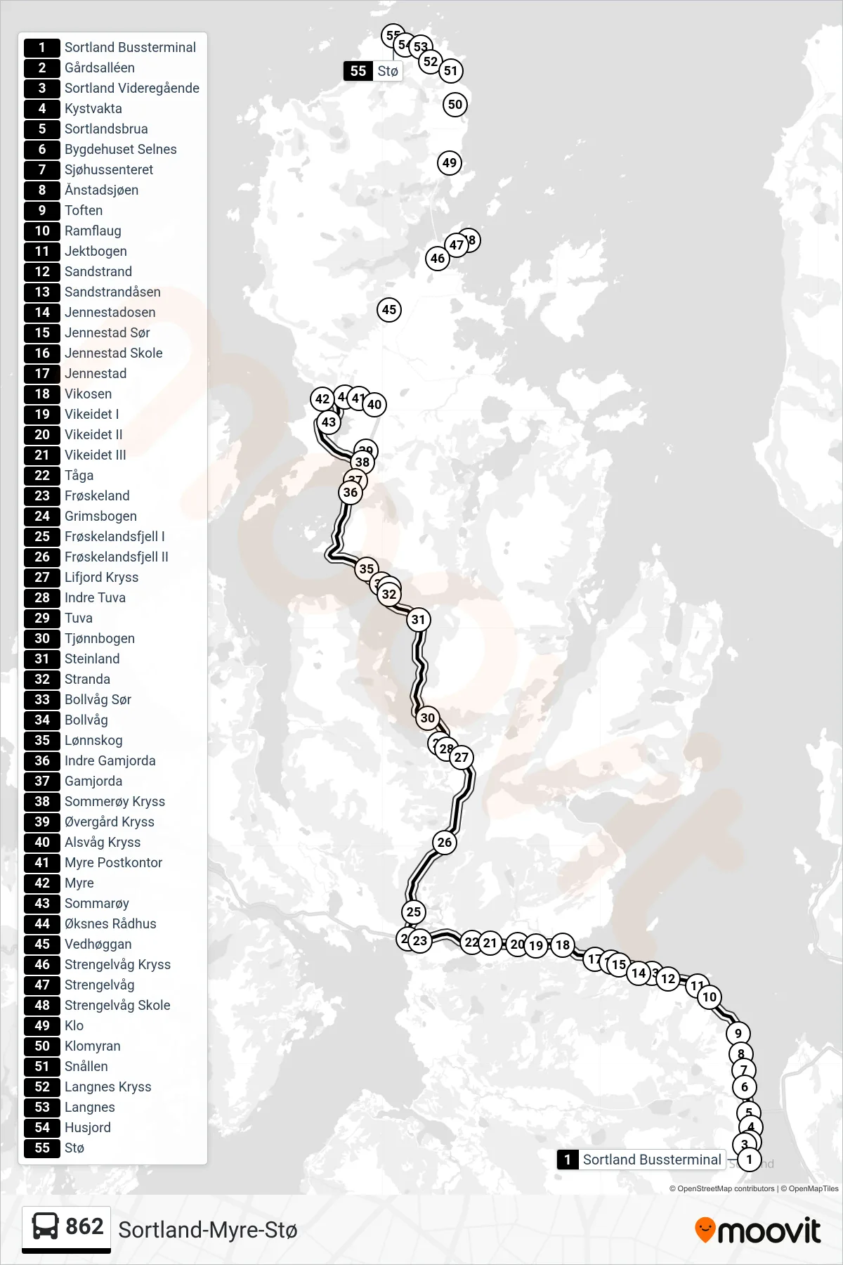 862 bus Line (Stø Via Myre) route and stops on a map