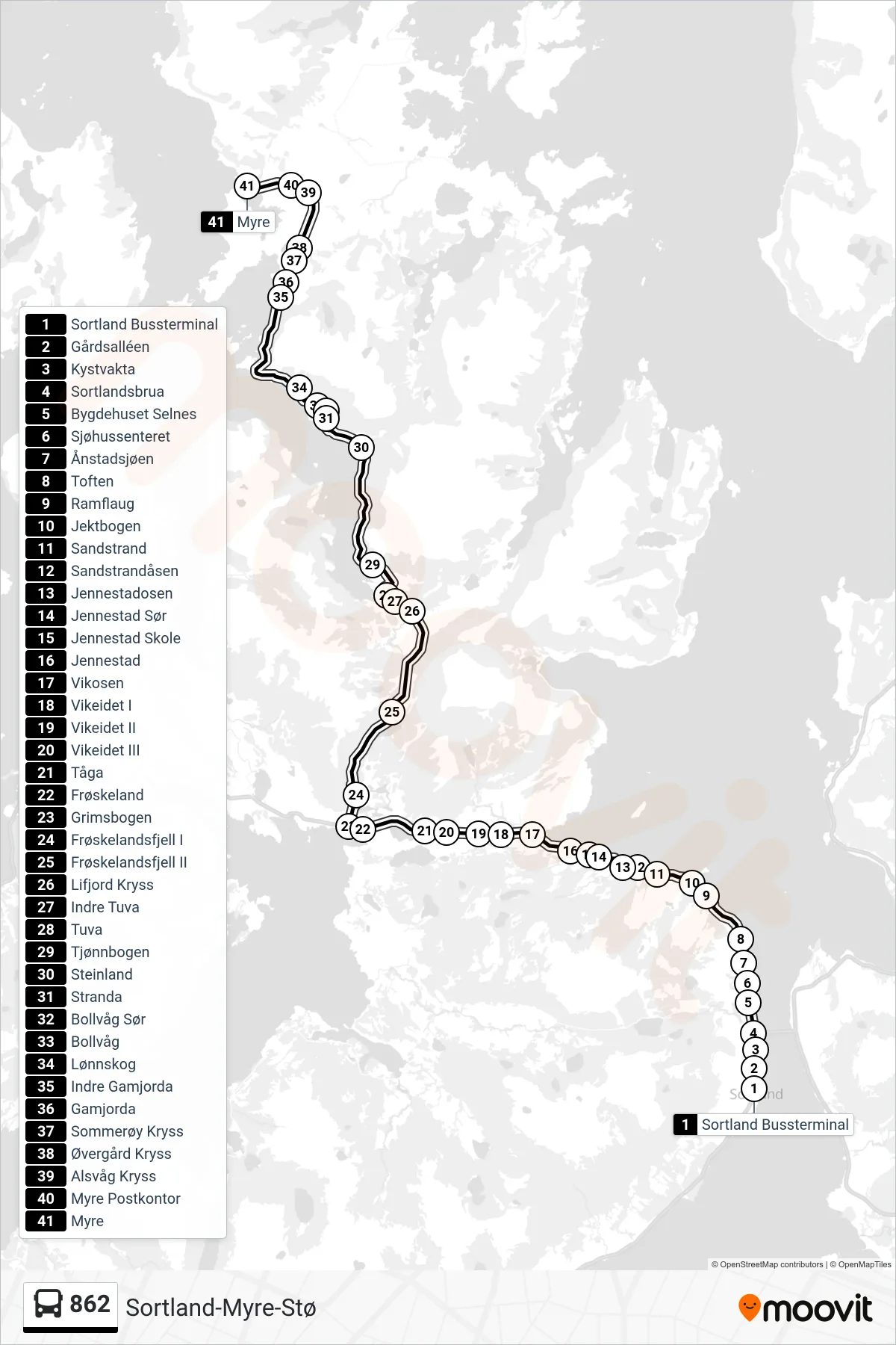 862 bus Line (Myre - Korr. Buss Til Stø) route and stops on a map