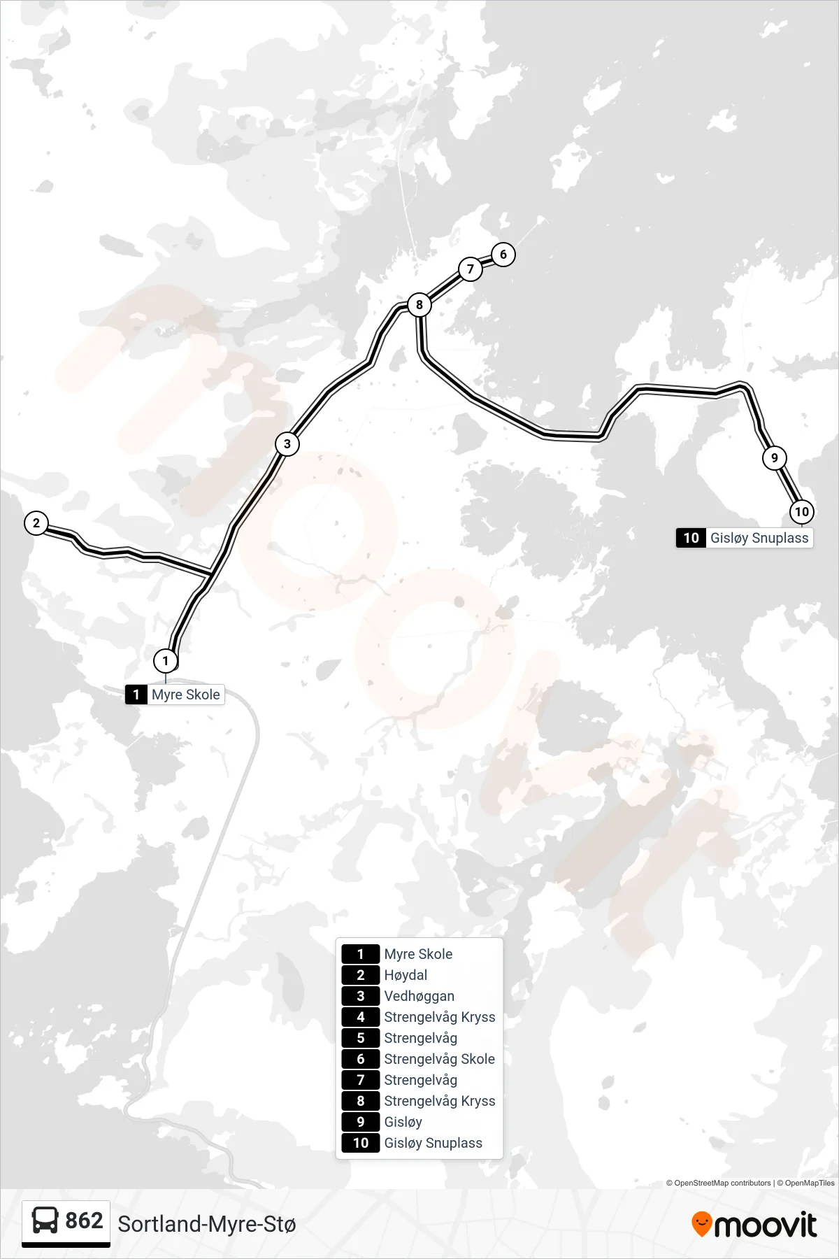 862 bus Line (Gisløy) route and stops on a map