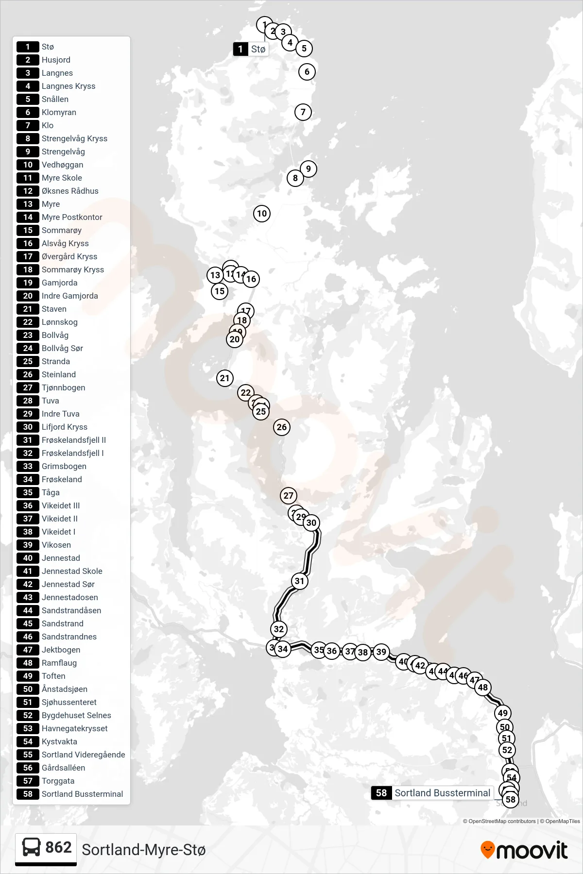 862 bus Line (Sortland Bussterminal) route and stops on a map