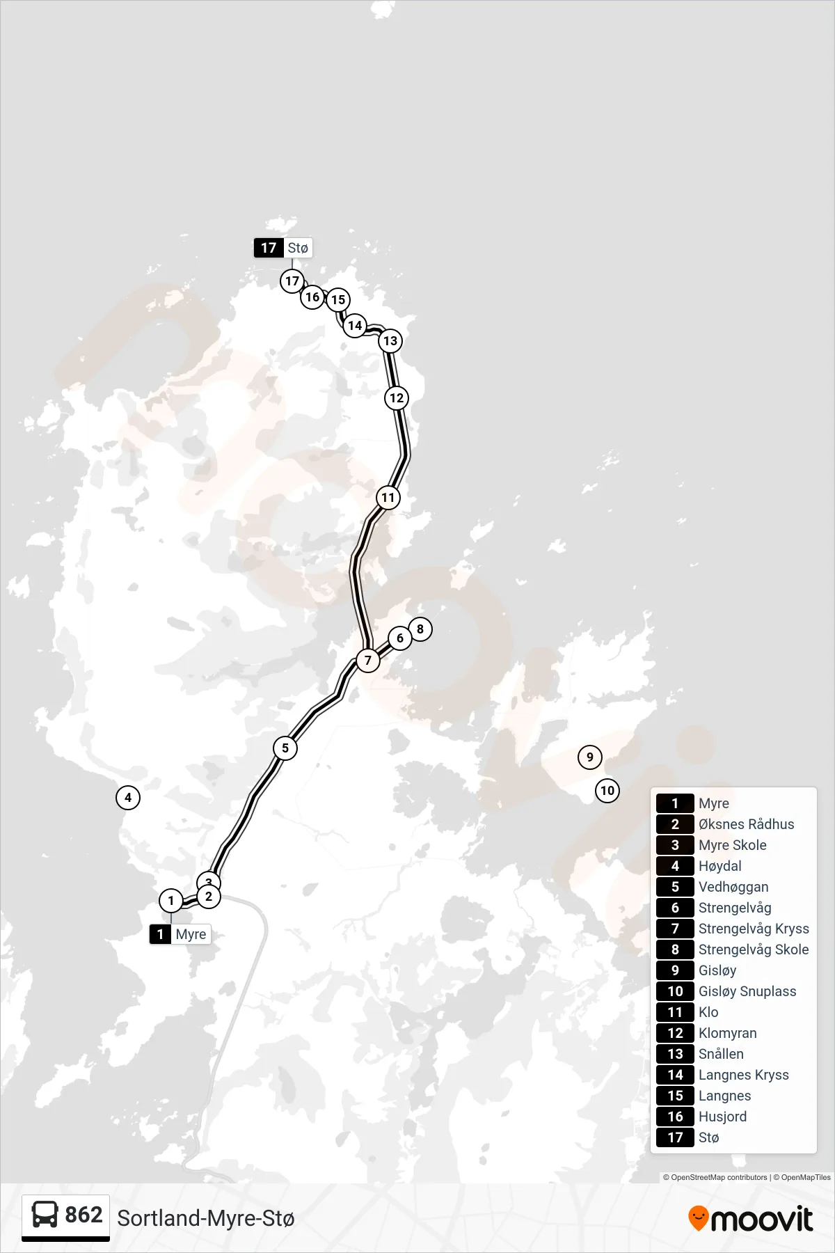 862 bus Line (Stø) route and stops on a map