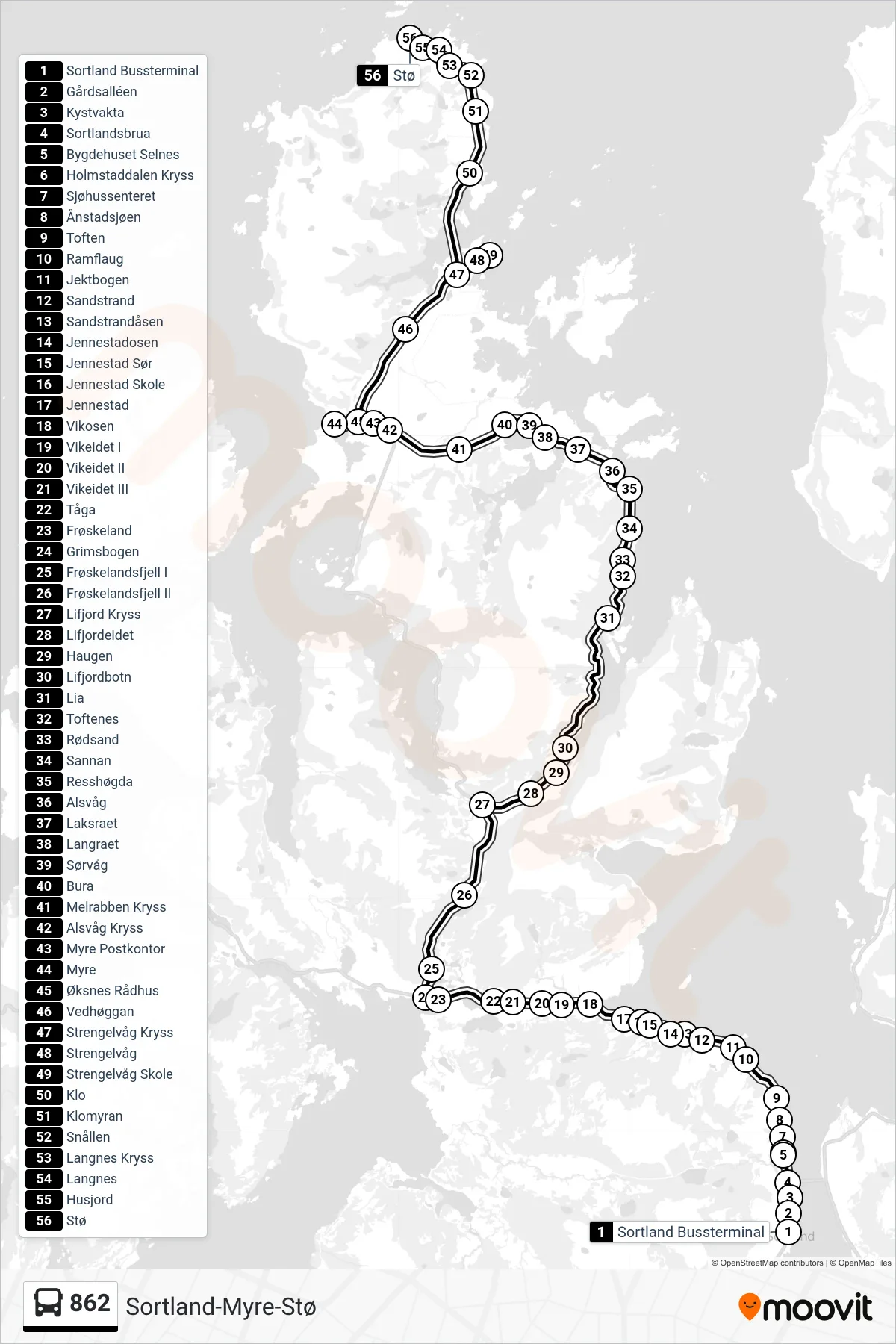 862 bus Line (Stø Via Alsvåg/Myre) route and stops on a map