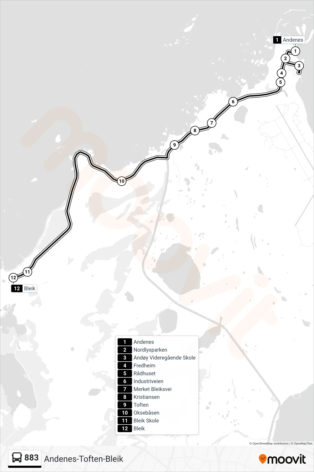 883 bus Line (Bleik) route and stops on a map