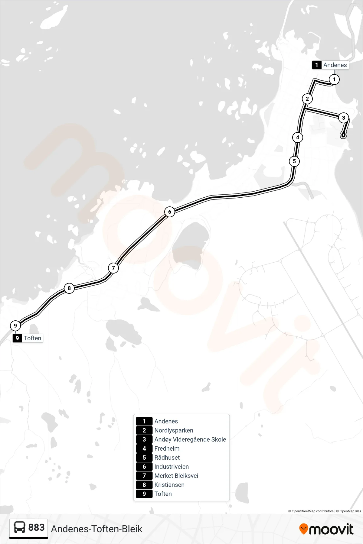 Rute og stopp på kart for linje 883 buss, Toften)