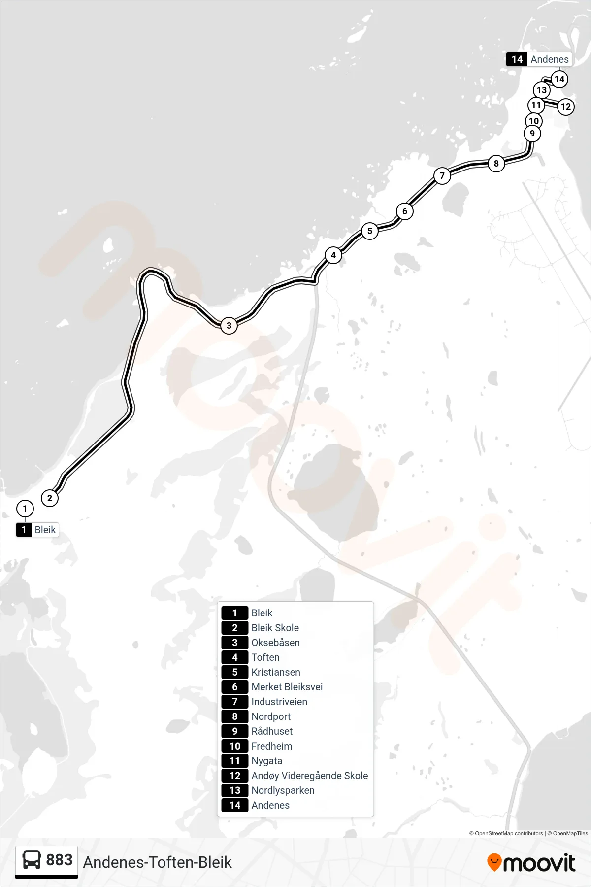 883 bus Line (Andenes) route and stops on a map