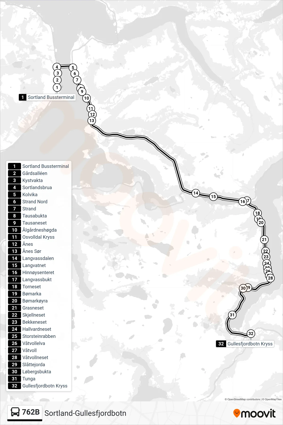 762B bus Line (Gullesfjordbotn V.Kr.) route and stops on a map