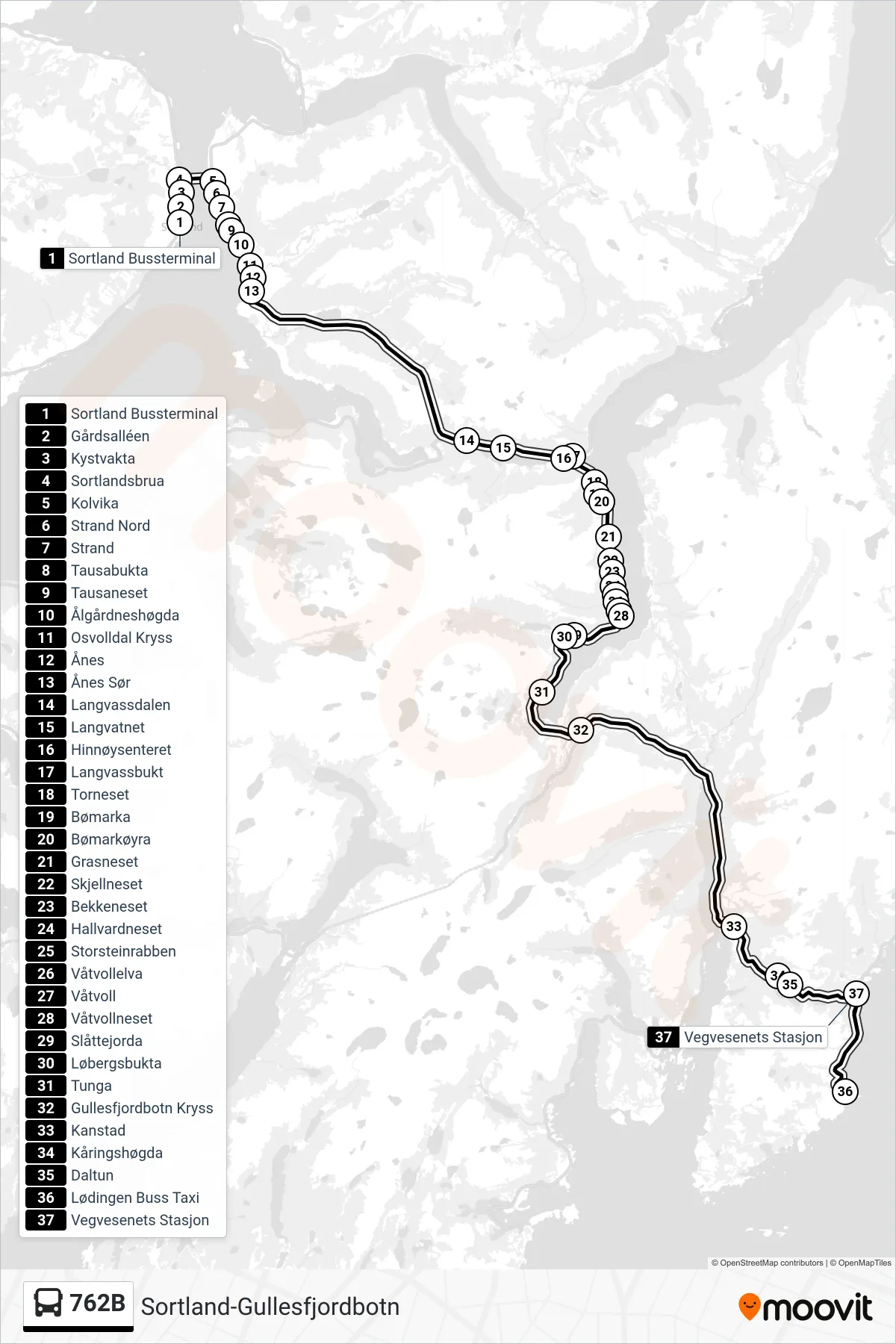 Rute og stopp på kart for linje 762B buss, Lødingen, Korrespondanse Lofotekspressen)