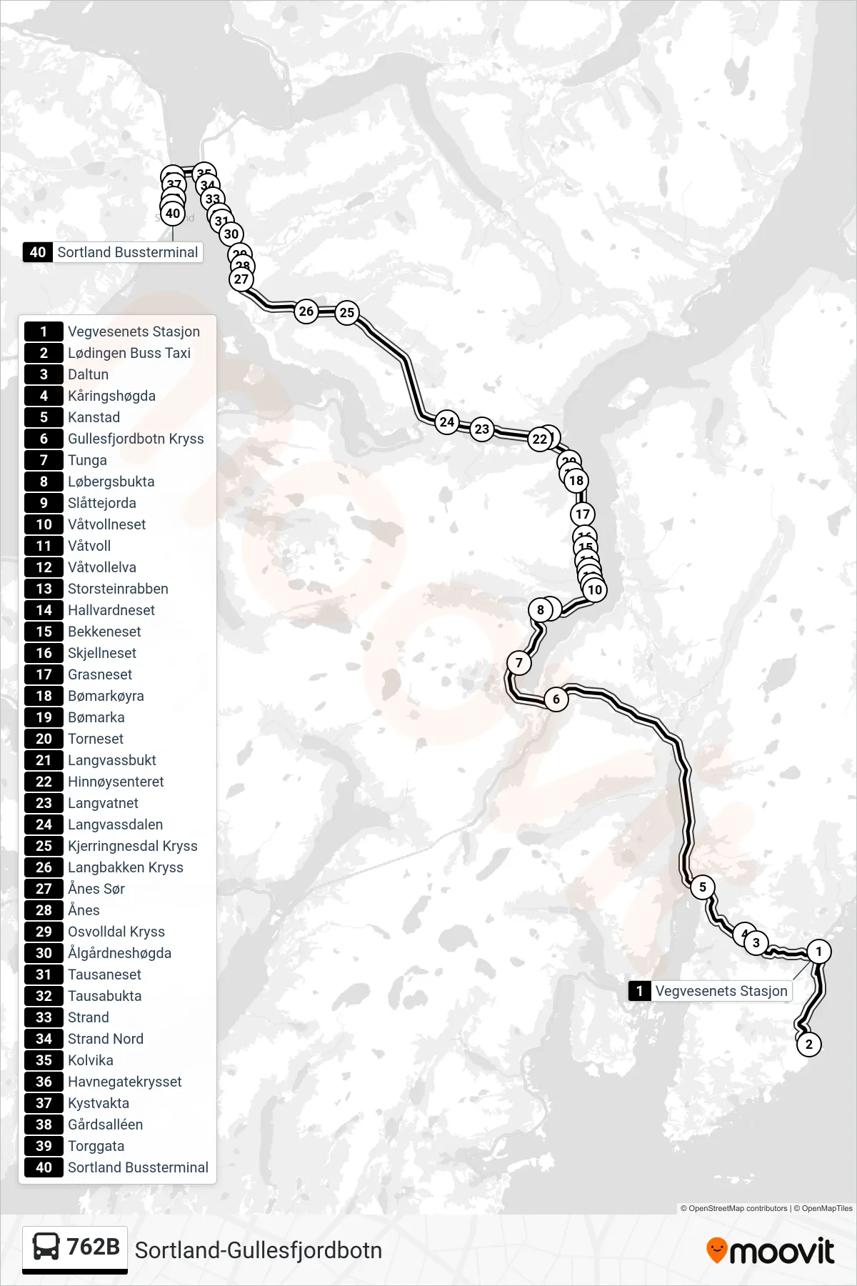 762B bus Line (Sortland Bussterminal) route and stops on a map