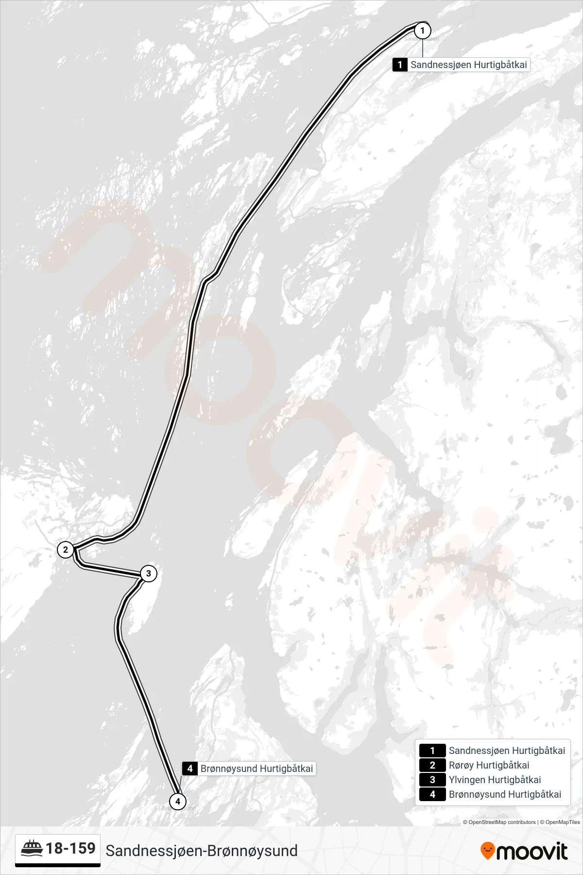 18-159 ferry Line (Brønnøysund Hurtigbåtkai) route and stops on a map