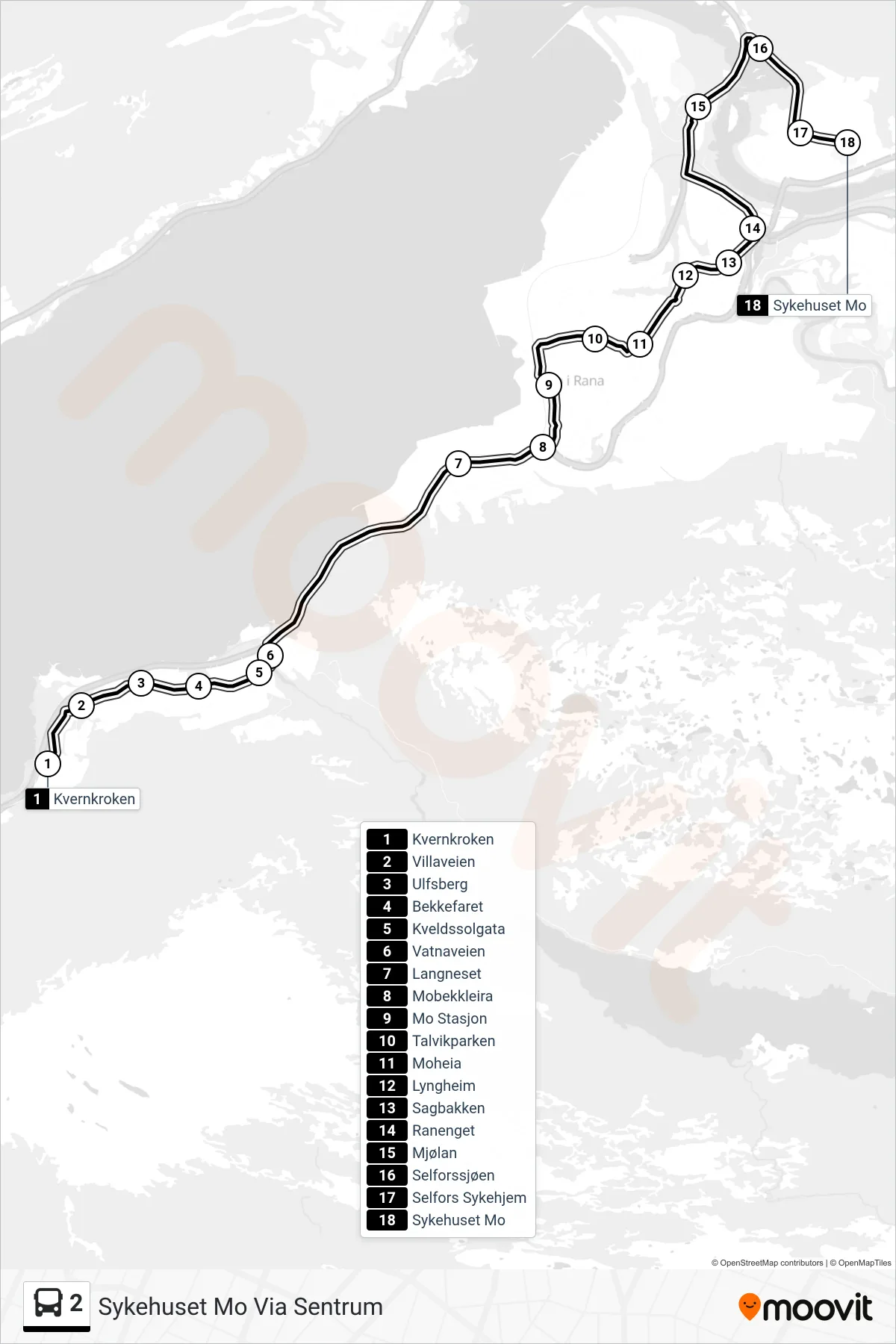 2 bus Line (Sykehuset Mo Via Sentrum) route and stops on a map