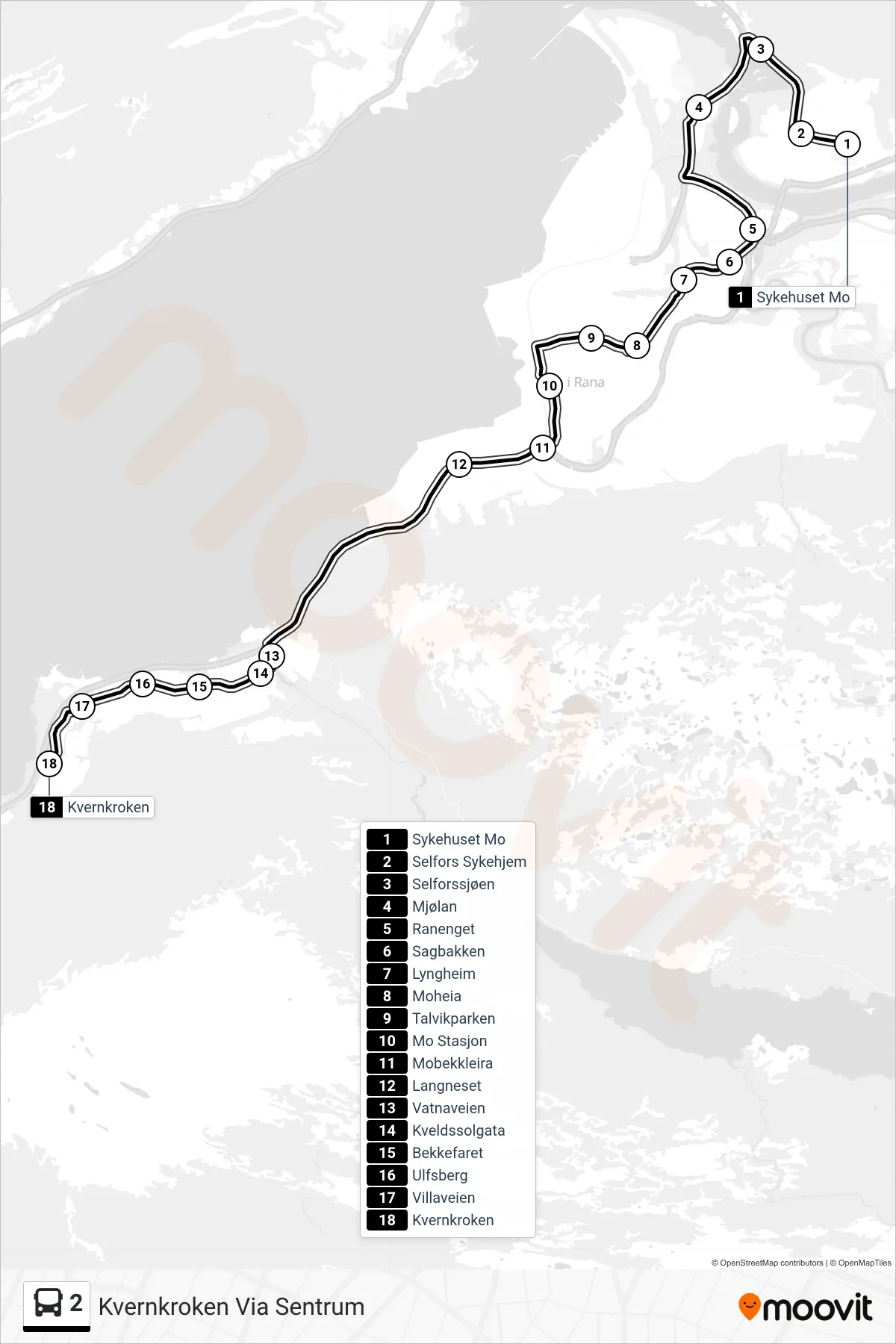 2 bus Line (Kvernkroken Via Sentrum) route and stops on a map