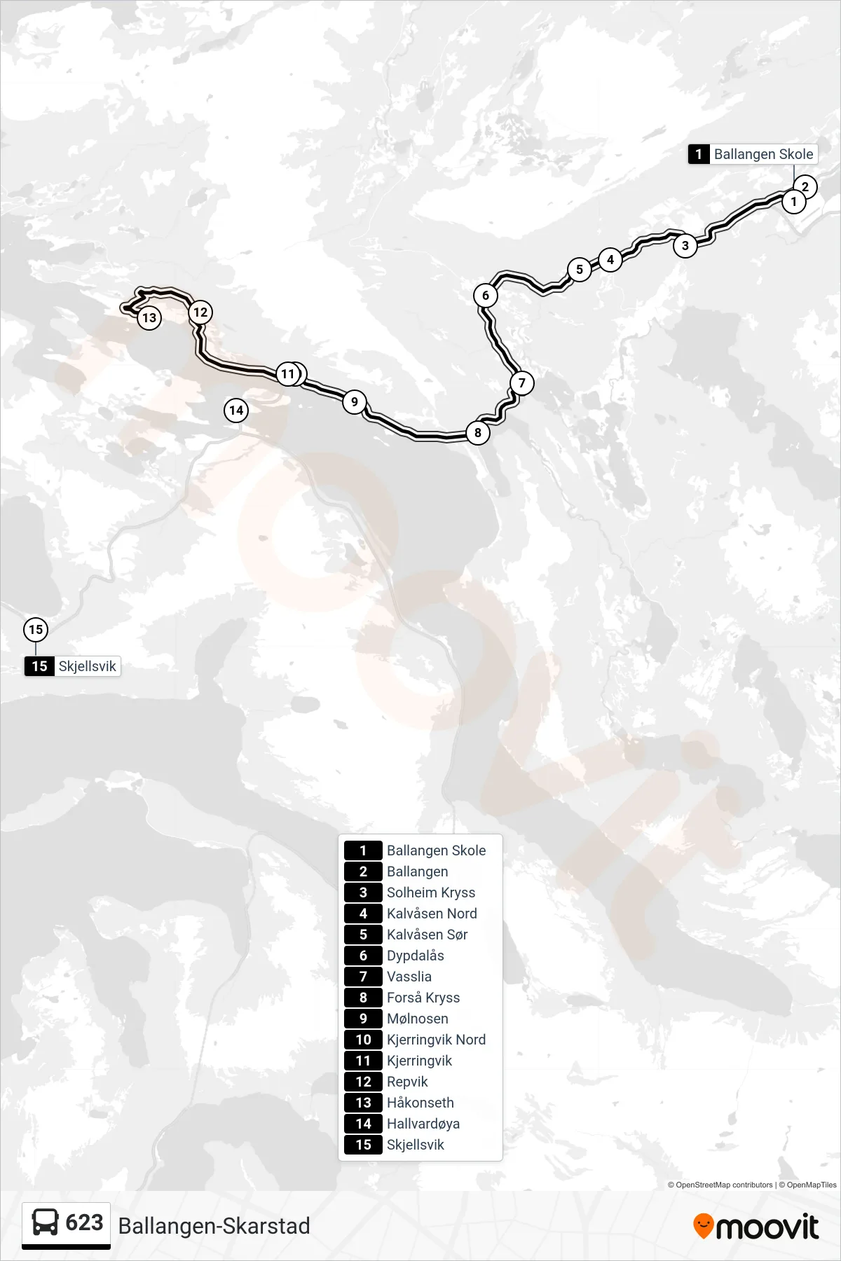 Rute og stopp på kart for linje 623 buss, Skolerute)