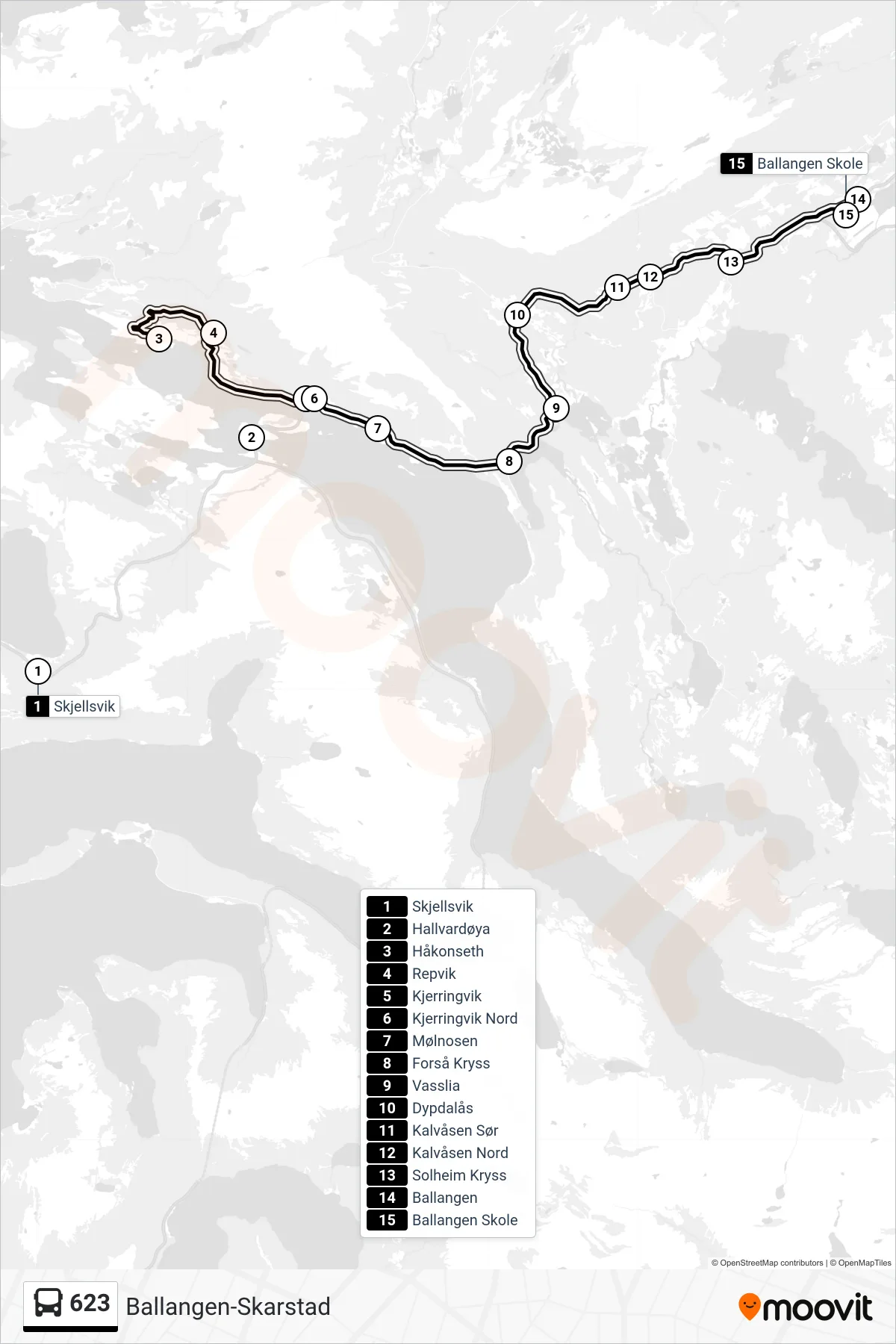623 bus Line (Ballangen Skole) route and stops on a map