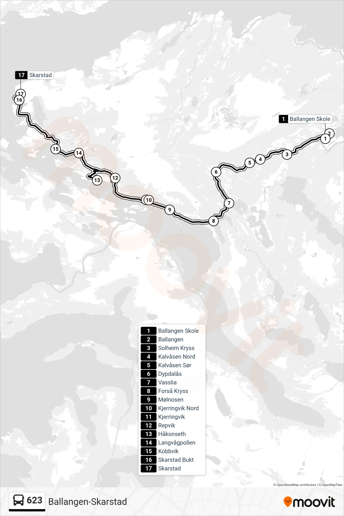 623 bus Line (Skarstad) route and stops on a map