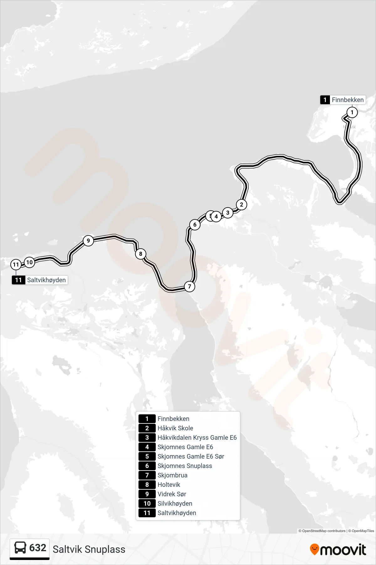 632 bus Line (Saltvik Snuplass) route and stops on a map