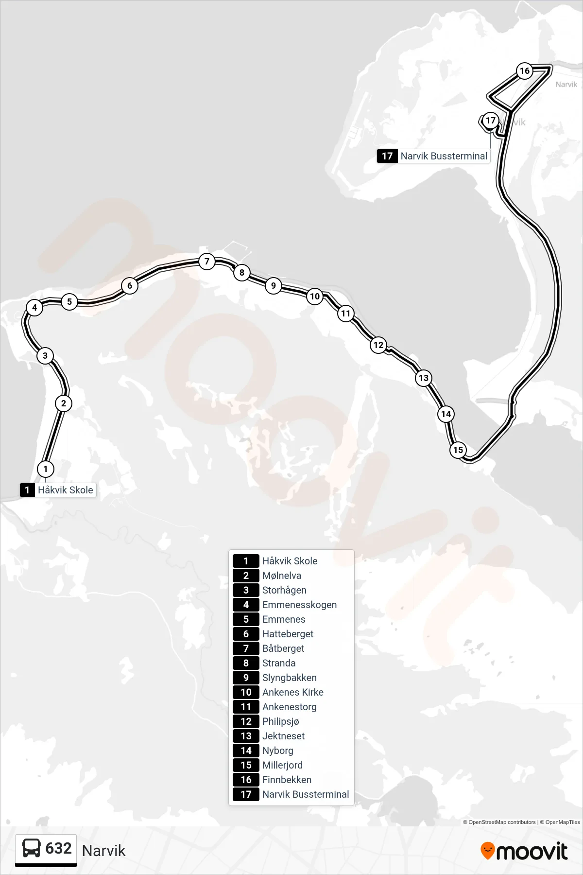 632 bus Line (Narvik) route and stops on a map