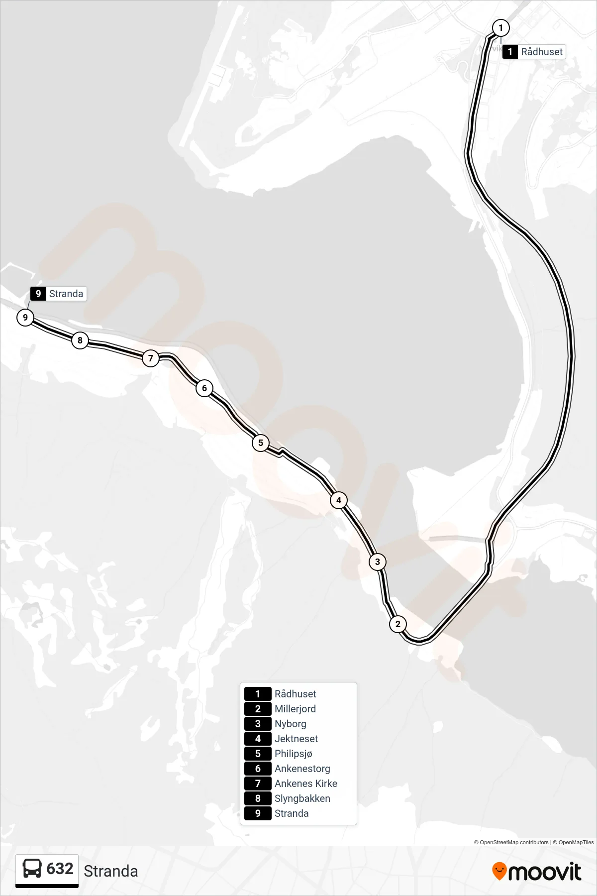 632 bus Line (Stranda) route and stops on a map