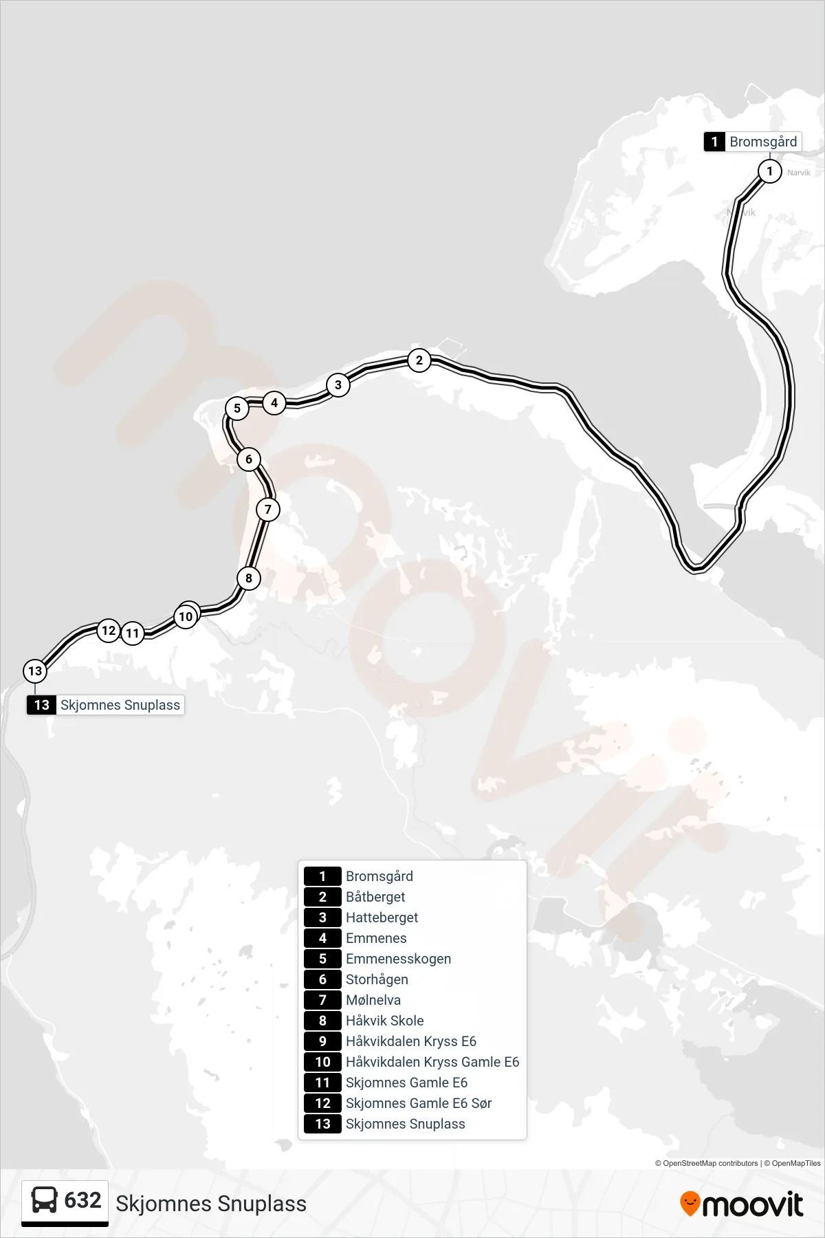 632 bus Line (Skjomnes Snuplass) route and stops on a map