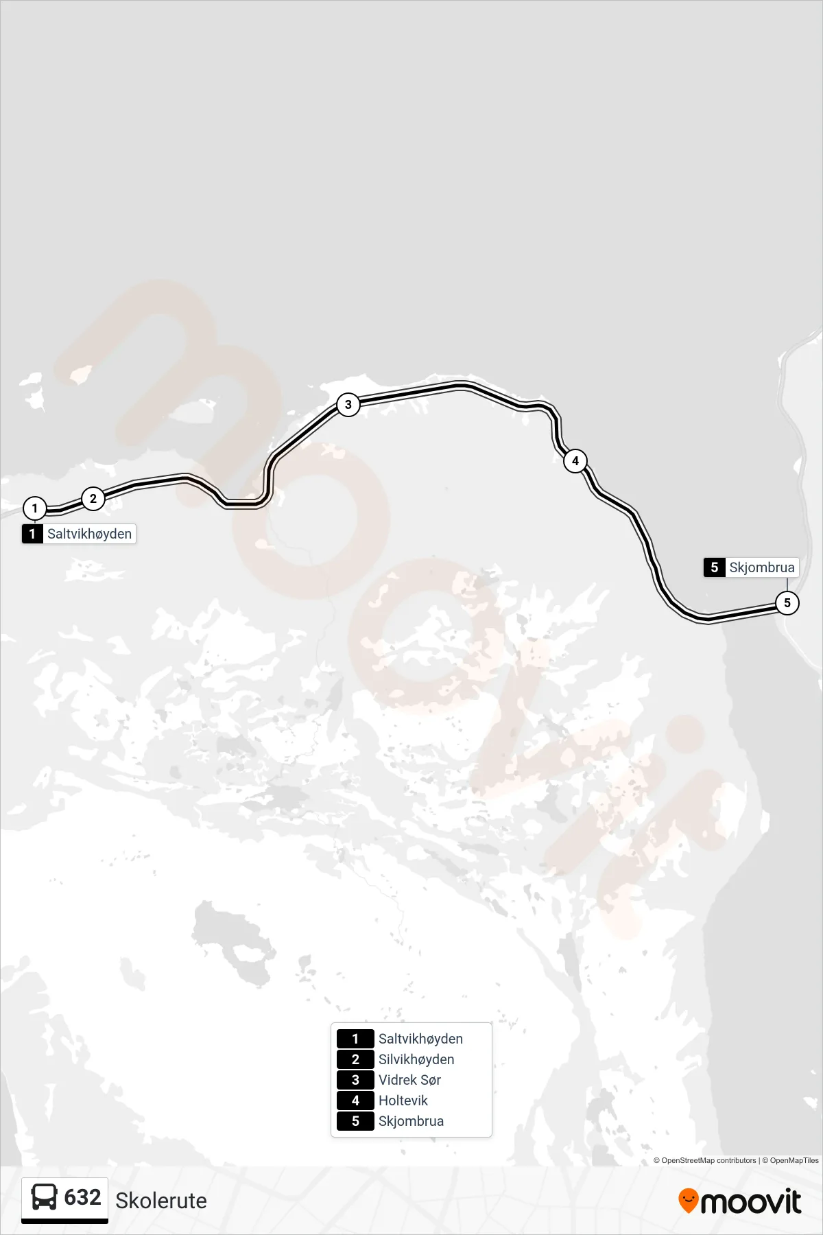 632 bus Line (Skolerute) route and stops on a map