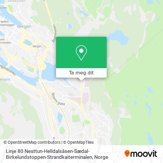 Linje 80 Nesttun-Helldalsåsen-Sædal-Birkelundstoppen-Strandkaiterminalen kart