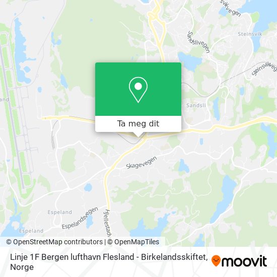 Linje 1F Bergen lufthavn Flesland - Birkelandsskiftet kart