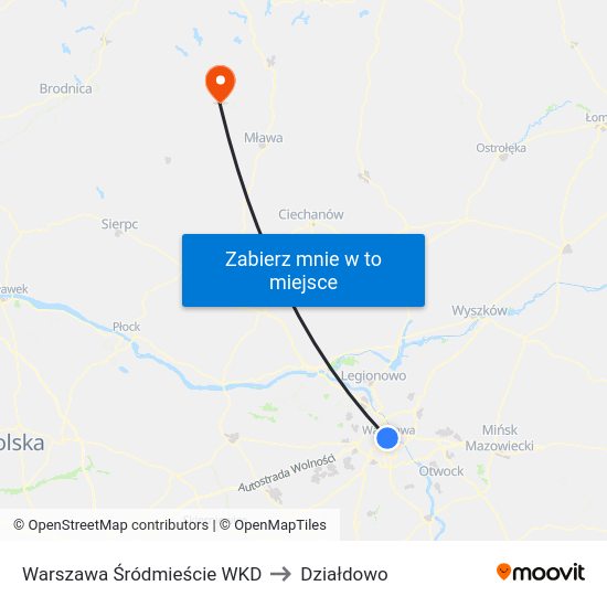 Warszawa Śródmieście WKD to Działdowo map