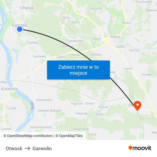 Otwock to Garwolin map