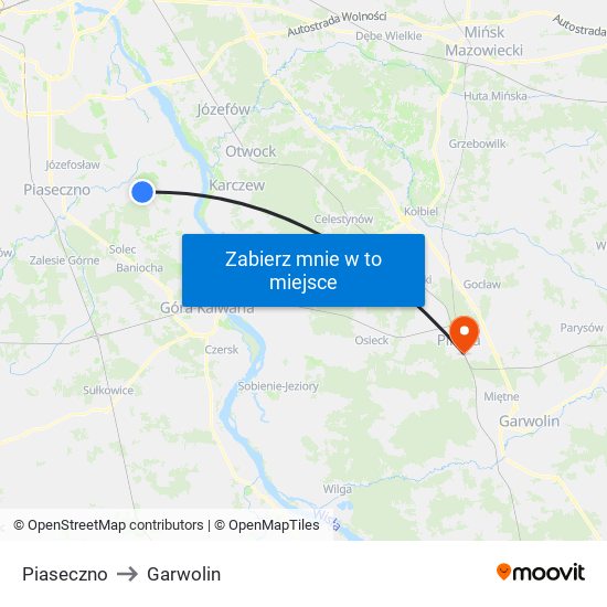 Piaseczno to Garwolin map