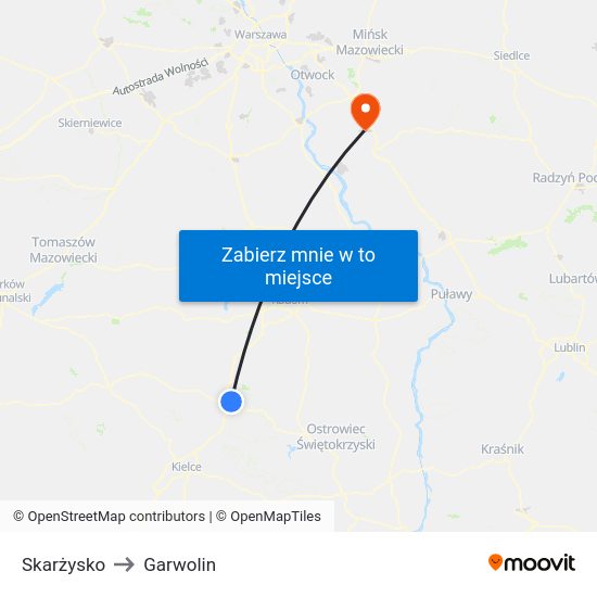 Skarżysko to Garwolin map