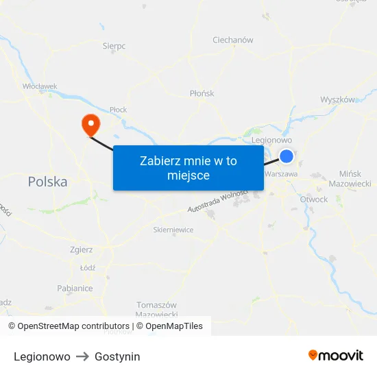 Legionowo to Gostynin map