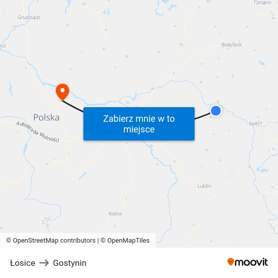 Łosice to Gostynin map