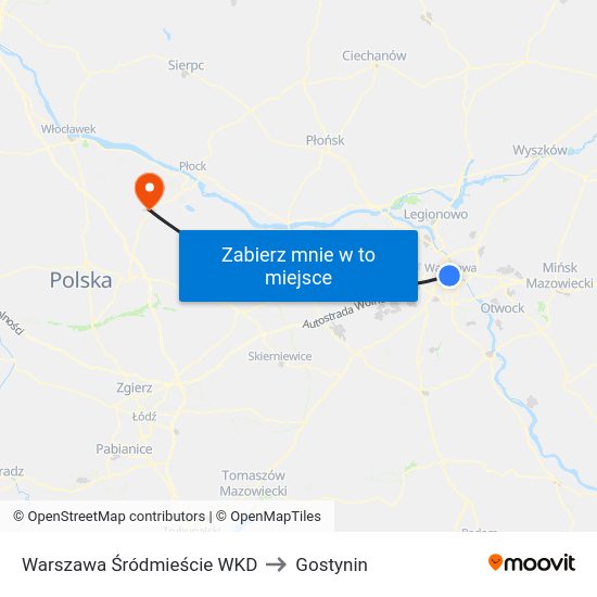 Warszawa Śródmieście WKD to Gostynin map