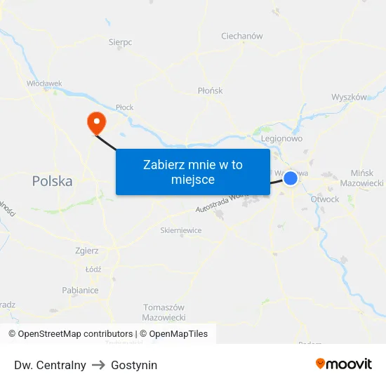 Dw. Centralny to Gostynin map