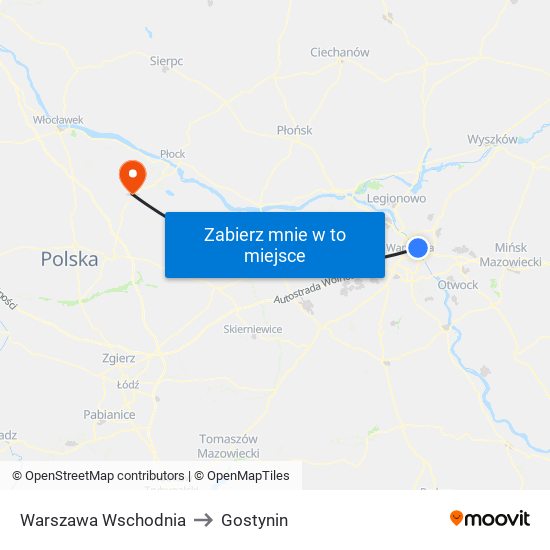 Warszawa Wschodnia to Gostynin map