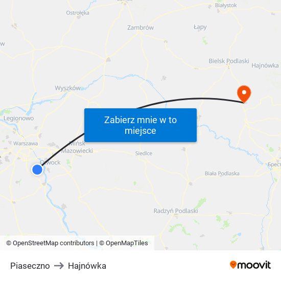 Piaseczno to Hajnówka map