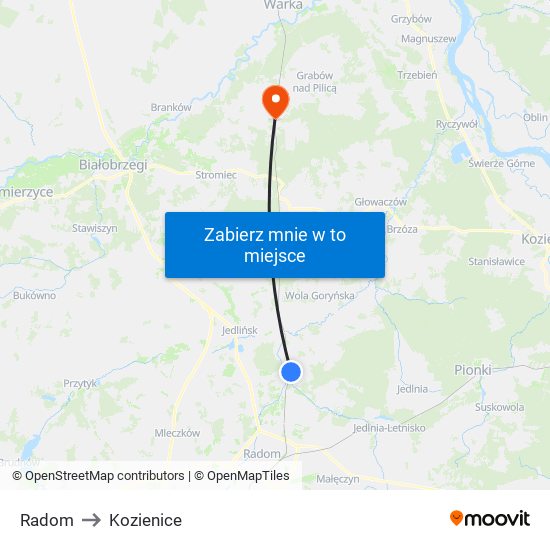 Radom to Kozienice map