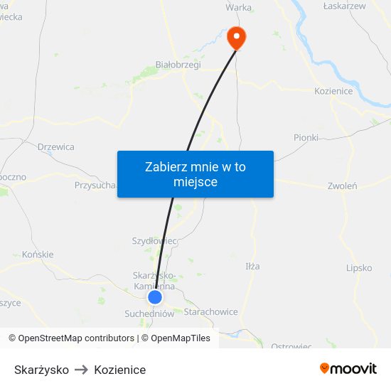 Skarżysko to Kozienice map