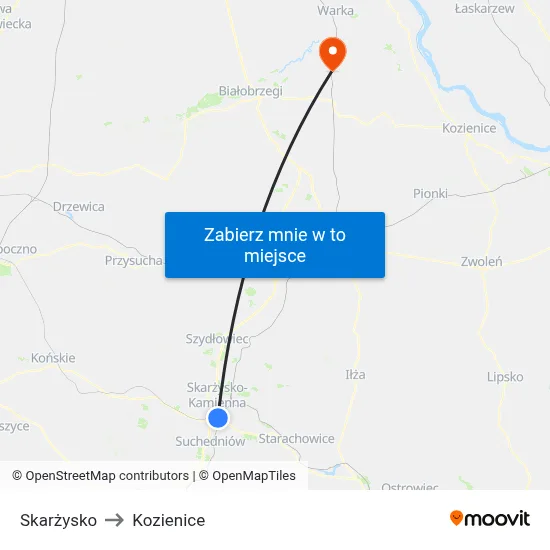 Skarżysko to Kozienice map