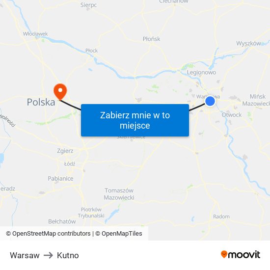 Warsaw to Kutno map