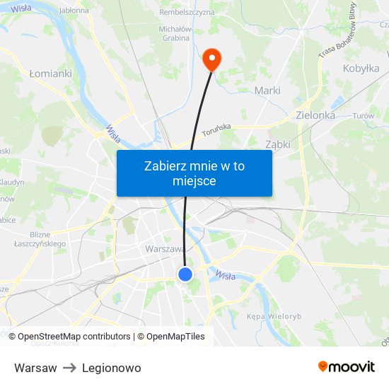 Warsaw to Legionowo map